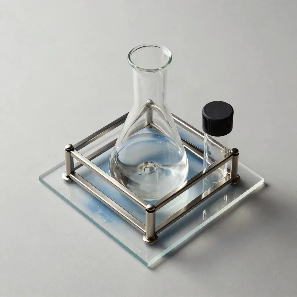 Fiala di laboratorio, rack in acciaio e tappo su acrilico satinato con luce morbida azzurra.