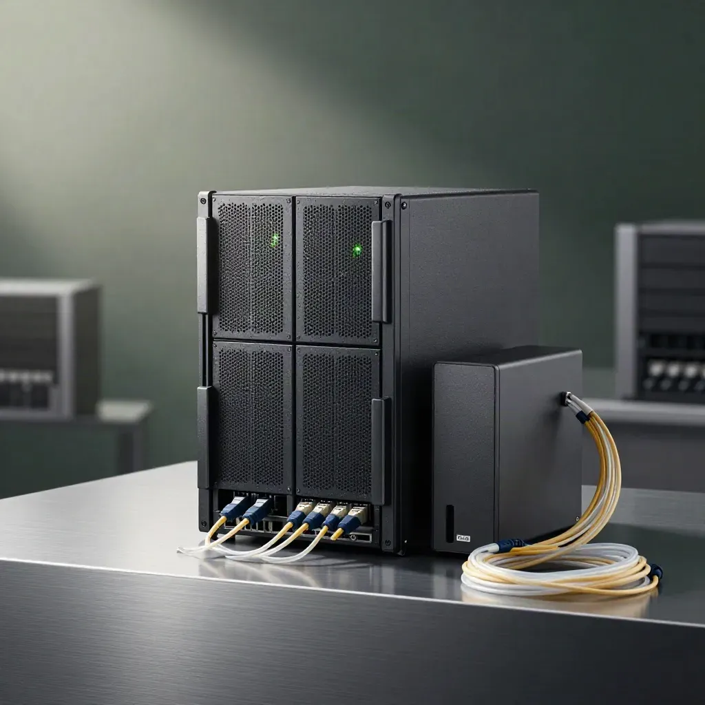 Server rack, NAS e firewall su plinto in acciaio, con cavi in fibra e nebbia leggera.