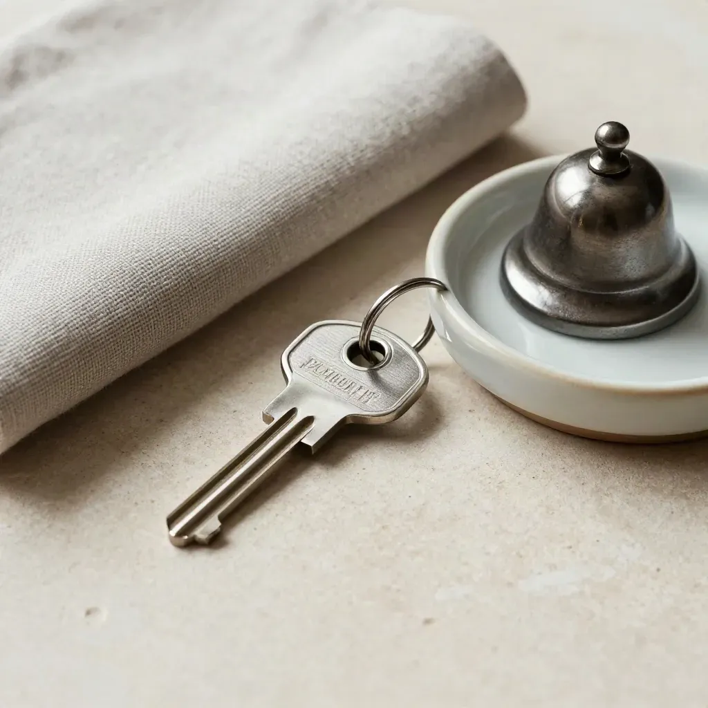 Chiave cromata, rotolo di lino, portasapone in ceramica e campanello su pietra chiara.