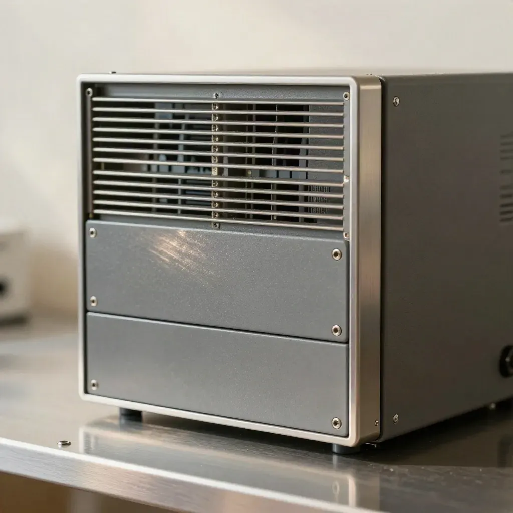 Stack di firewall e modulo alimentazione su acciaio spazzolato, con luce morbida e lieve calore.