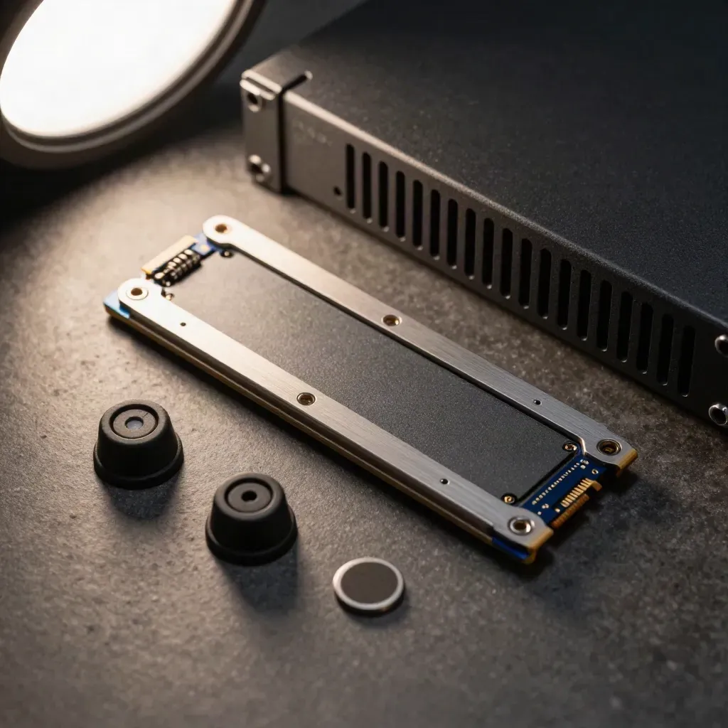 Caddy SSD hot-swap accanto a un’apertura firewall e due passacavi su basalto
