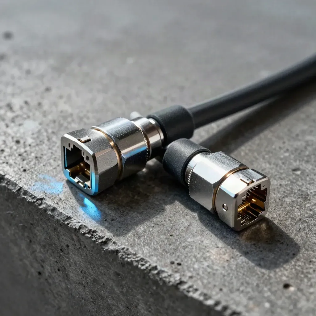 Blocchi metallici di integrazione con cavi patch e coupler RJ45 su cemento scuro.