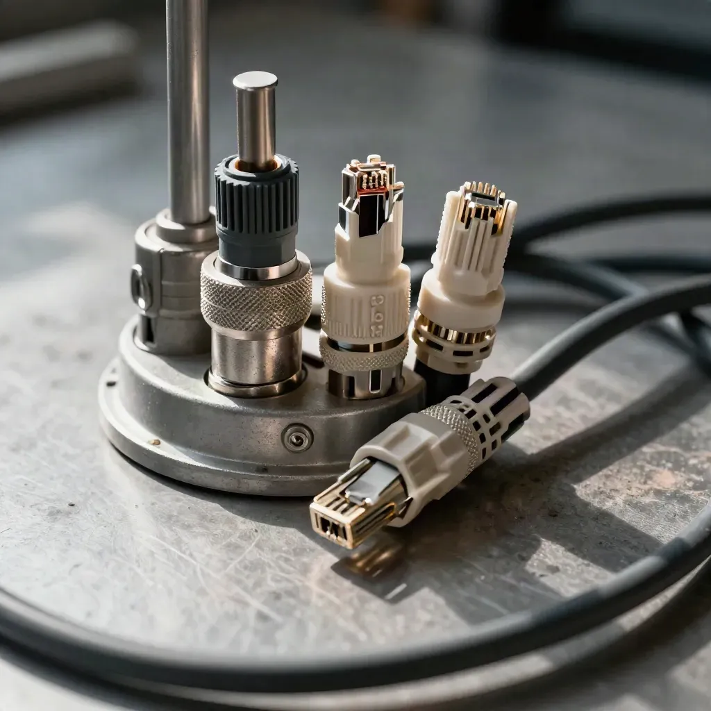 Base antenna, pressacavo e cavi ethernet su metallo spazzolato, luce radente