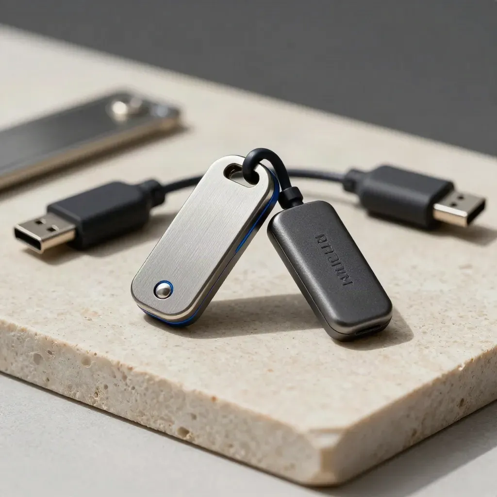 Chiave di sicurezza, token VPN e adattatore USB-C su vassoio in pietra scura, luce drammatica