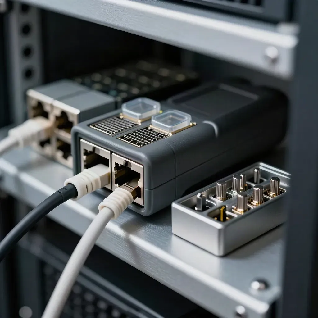 Kit IT rack-side con tester cavi, moduli SFP, coupler keystone e vassoio utensili.