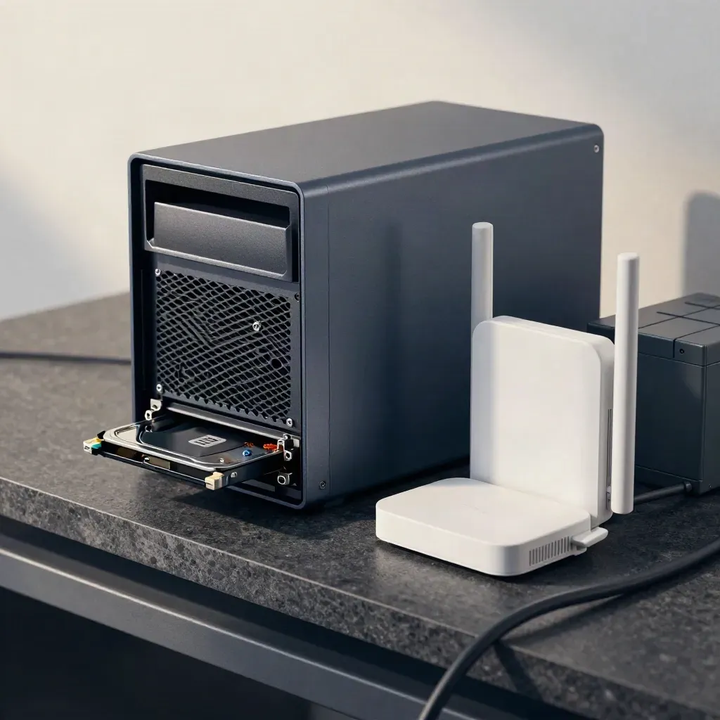 Stack NAS, vassoio drive, base access point e batteria UPS su pietra scura, luce morbida.