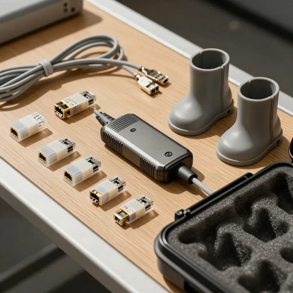 Kit tecnico per consulenti MSP con dongle diagnostico, coupler e custodia rigida su banco chiaro.