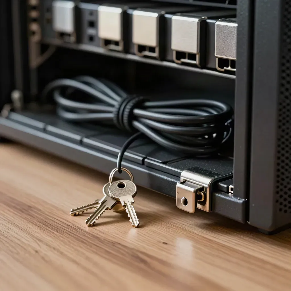 Chiavi server, cassetti drive, cavi e fermo metallico su banco, luce drammatica.